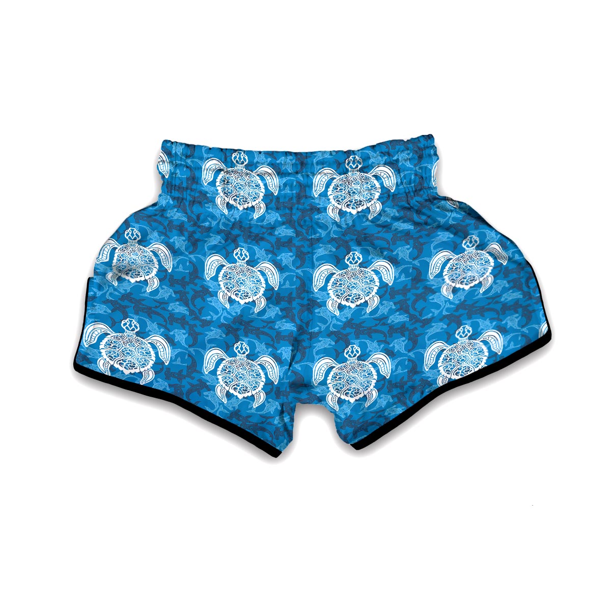 Blue Hawaiian Shark Sea Turtle Pattern Print Muay Thai Boxing Shorts-grizzshop