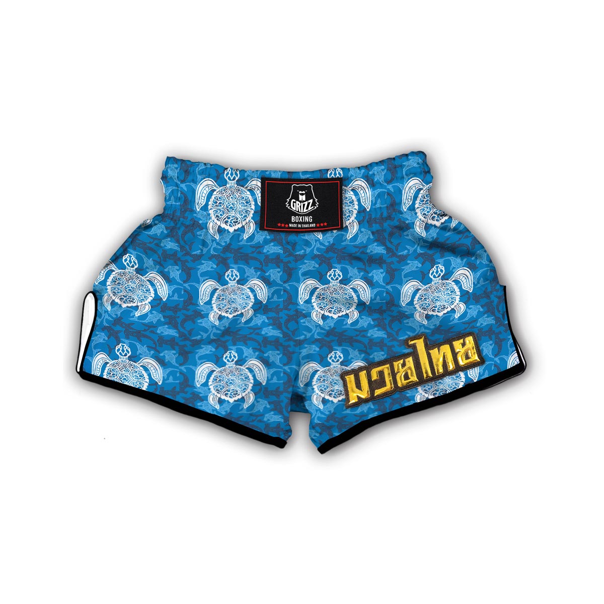 Blue Hawaiian Shark Sea Turtle Pattern Print Muay Thai Boxing Shorts-grizzshop