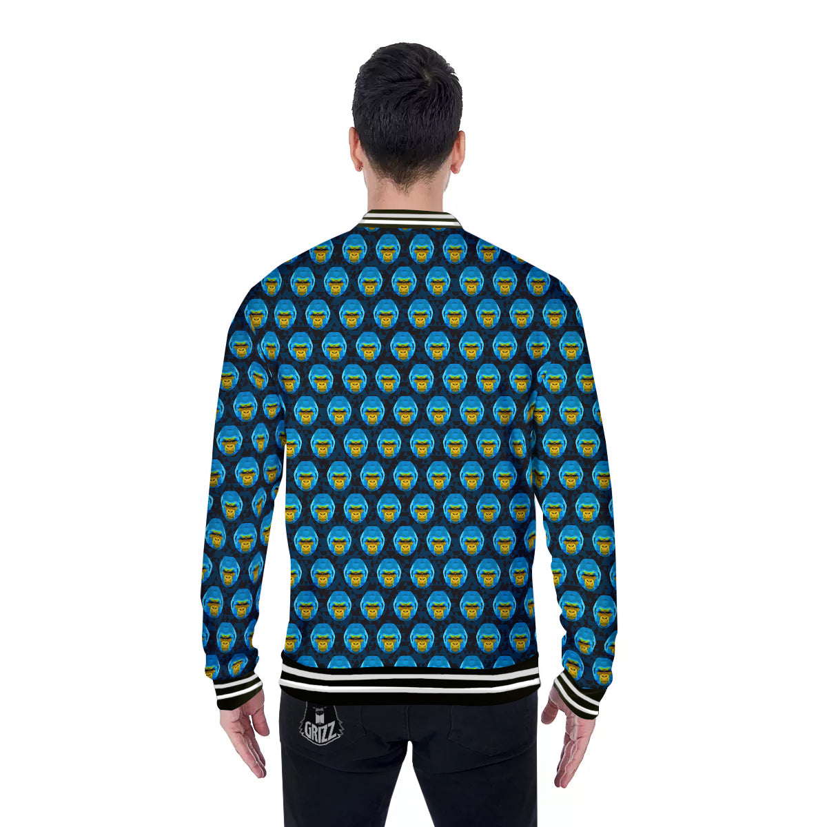 Blue Head Gorilla Geometric Triangle Print Pattern Baseball Jacket-grizzshop