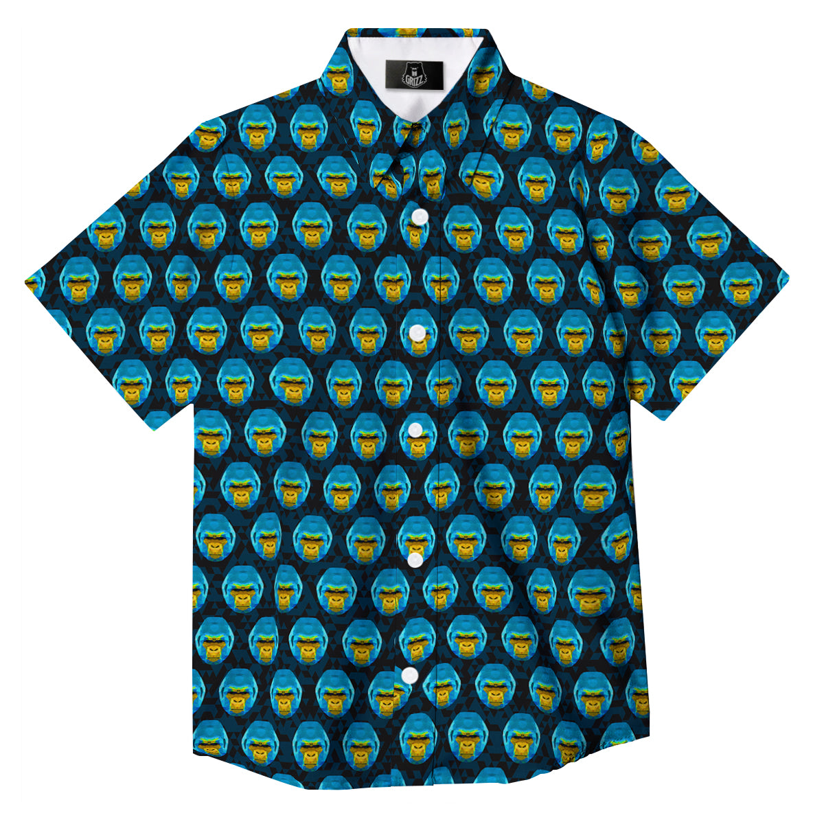 Blue Head Gorilla Geometric Triangle Print Pattern Button Up Shirt-grizzshop