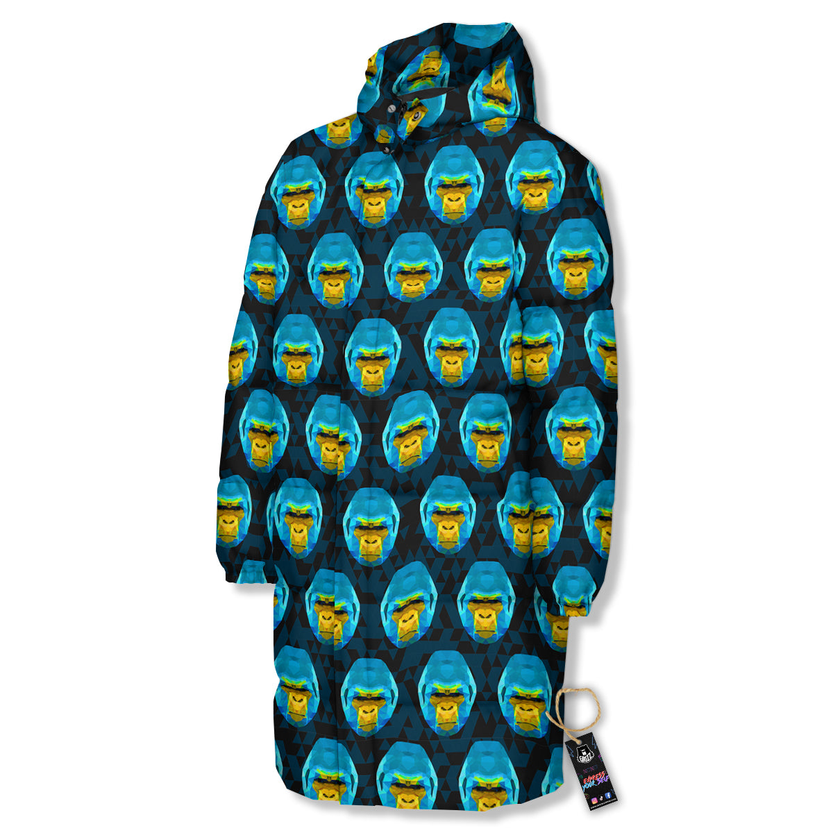 Blue Head Gorilla Geometric Triangle Print Pattern Long Down Jacket-grizzshop