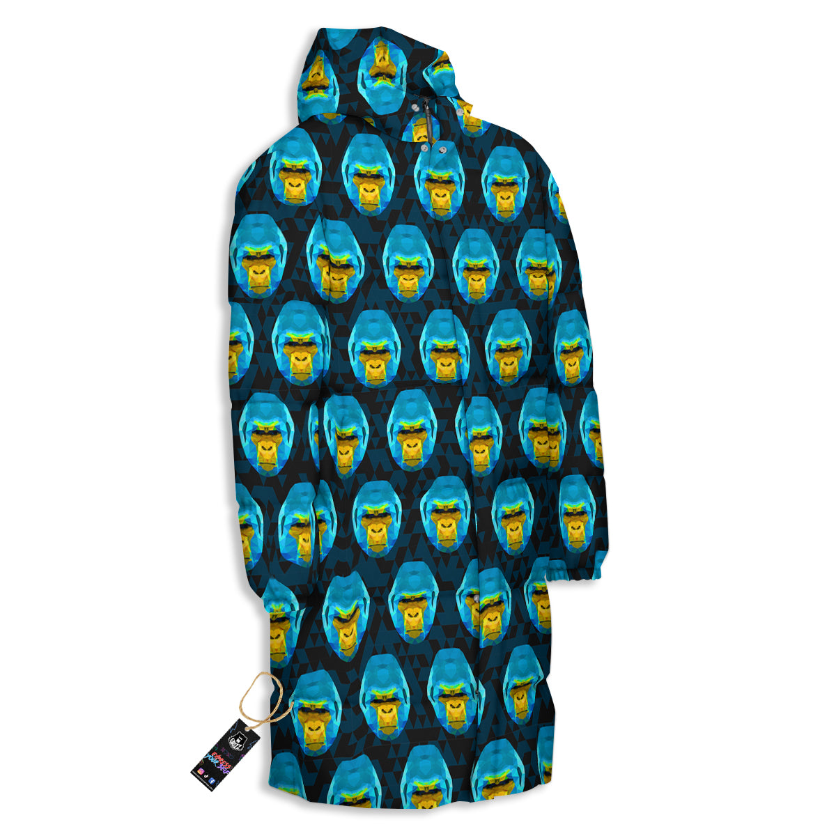 Blue Head Gorilla Geometric Triangle Print Pattern Long Down Jacket-grizzshop