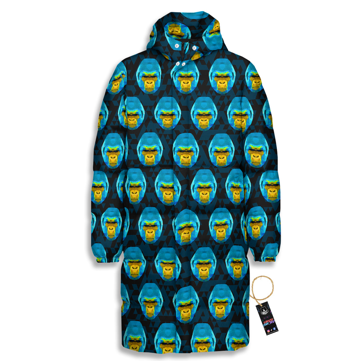 Blue Head Gorilla Geometric Triangle Print Pattern Long Down Jacket-grizzshop