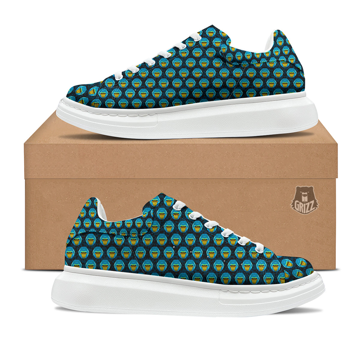 Blue Head Gorilla Geometric Triangle Print Pattern Platform Shoes-grizzshop