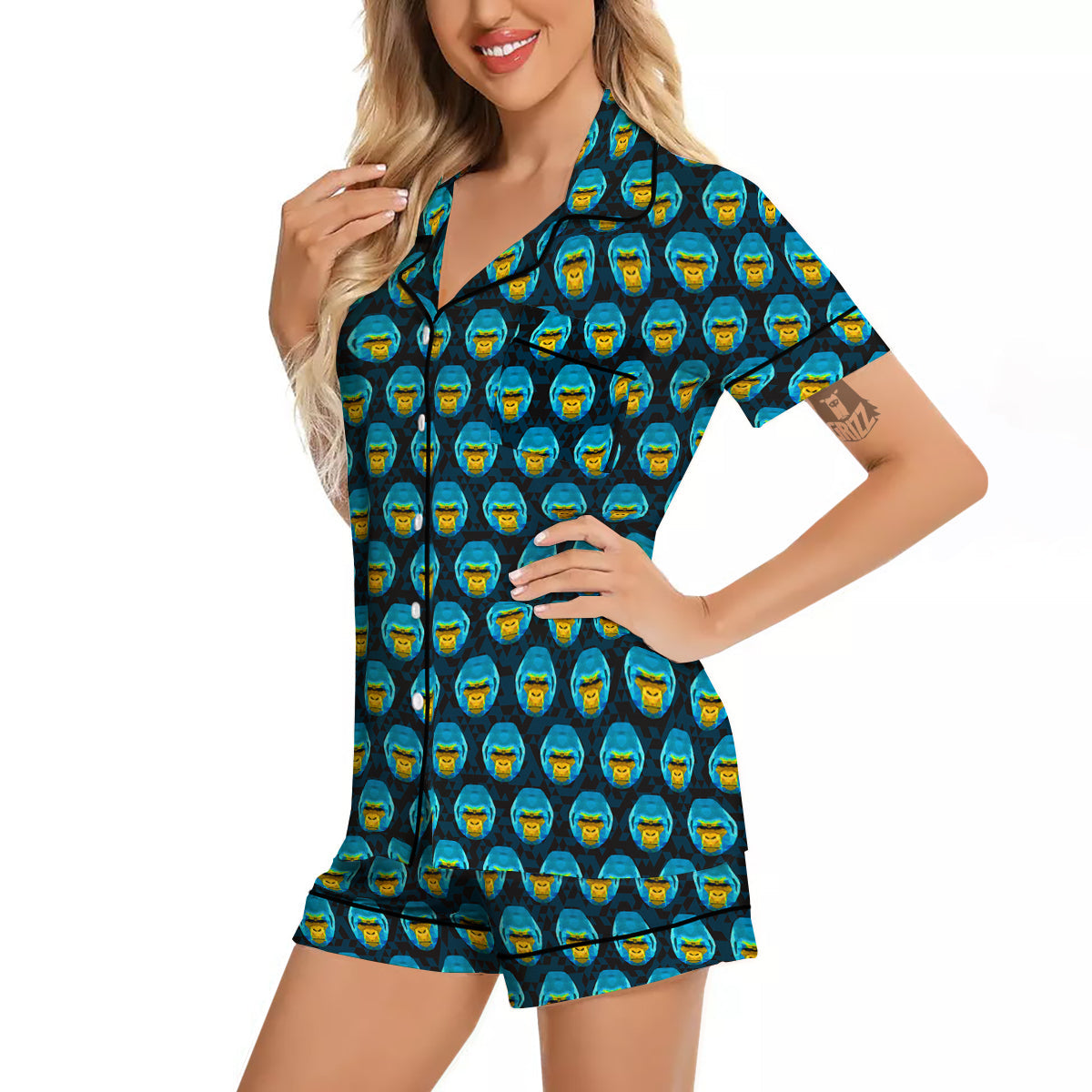 Blue Head Gorilla Geometric Triangle Print Pattern Women Silk Pajamas-grizzshop