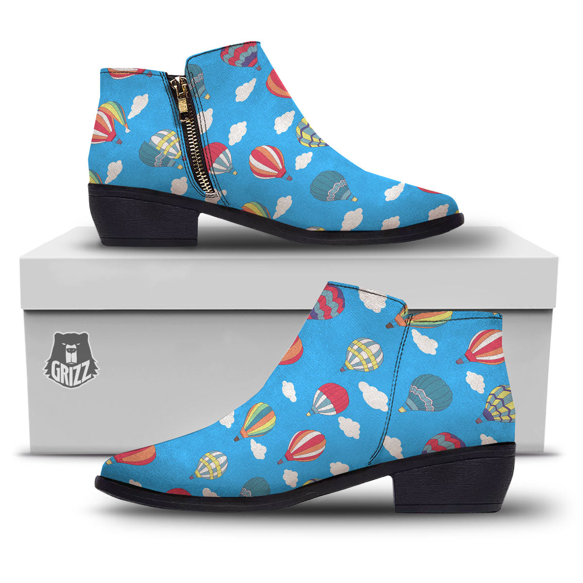 Blue Hot Air Balloon Print Pattern Ankle Boots-grizzshop