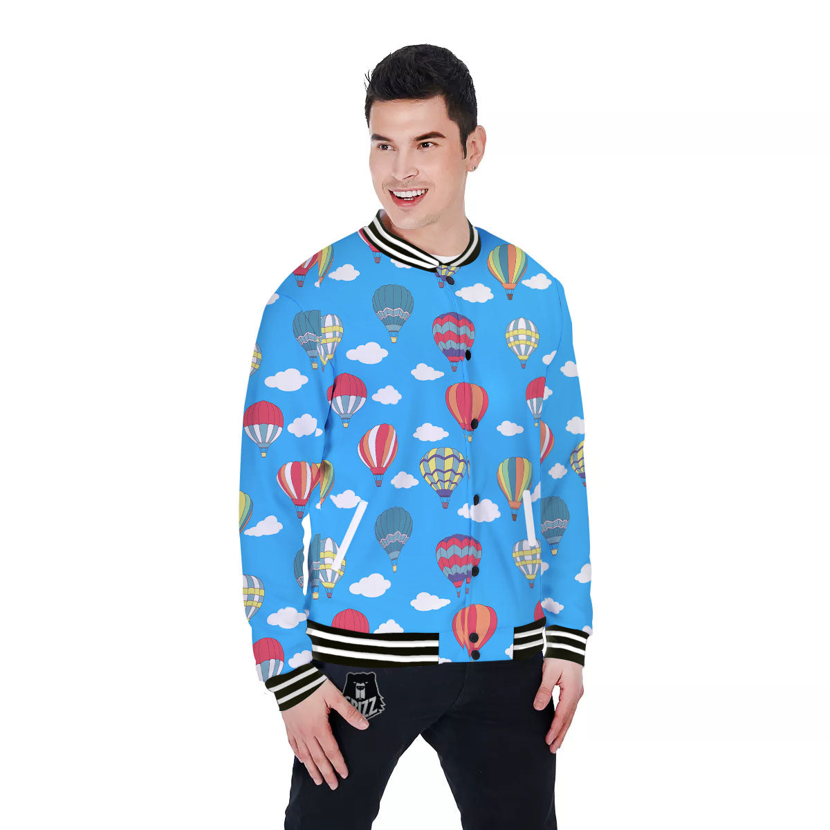 Blue Hot Air Balloon Print Pattern Baseball Jacket-grizzshop