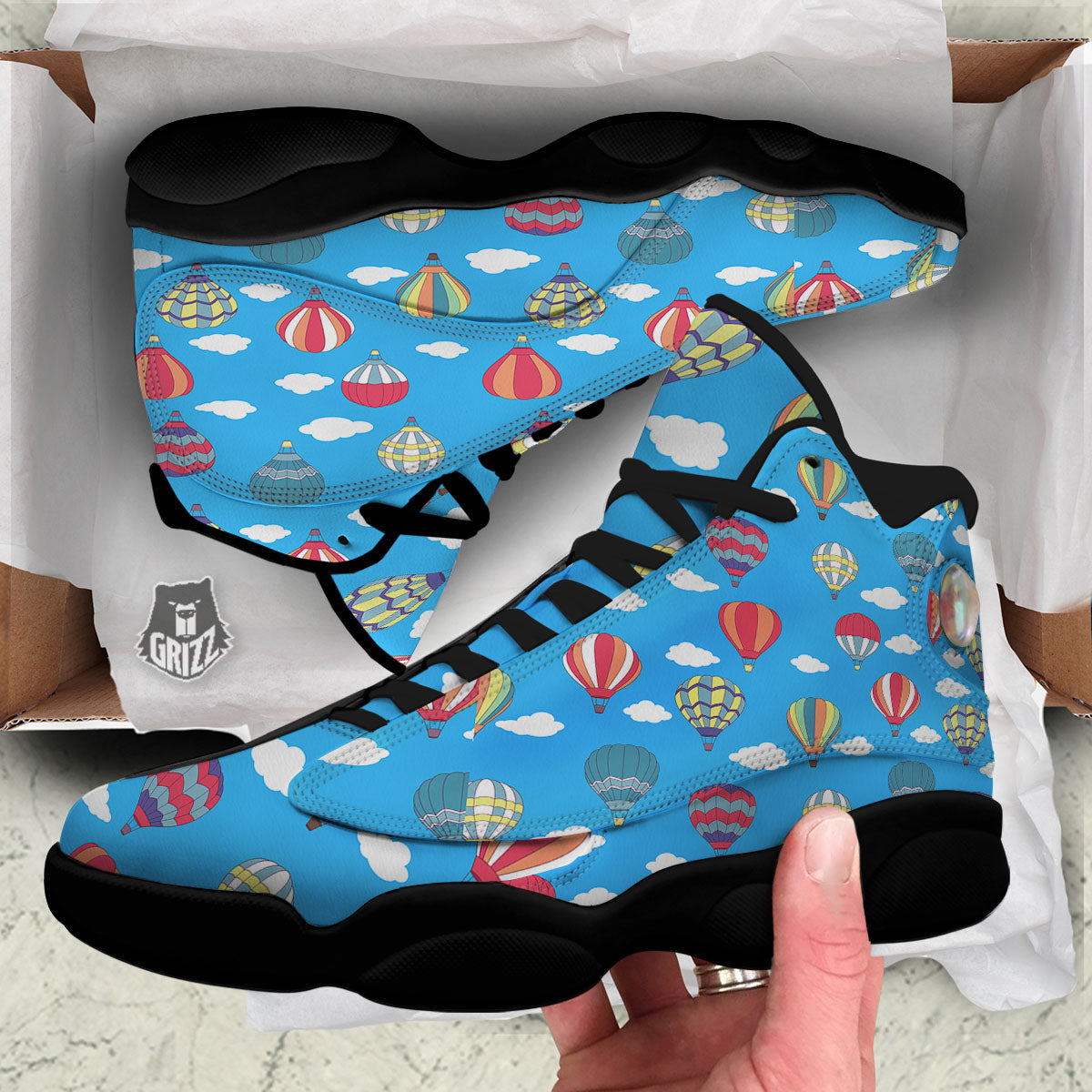Blue Hot Air Balloon Print Pattern Black Basketball Shoes-grizzshop