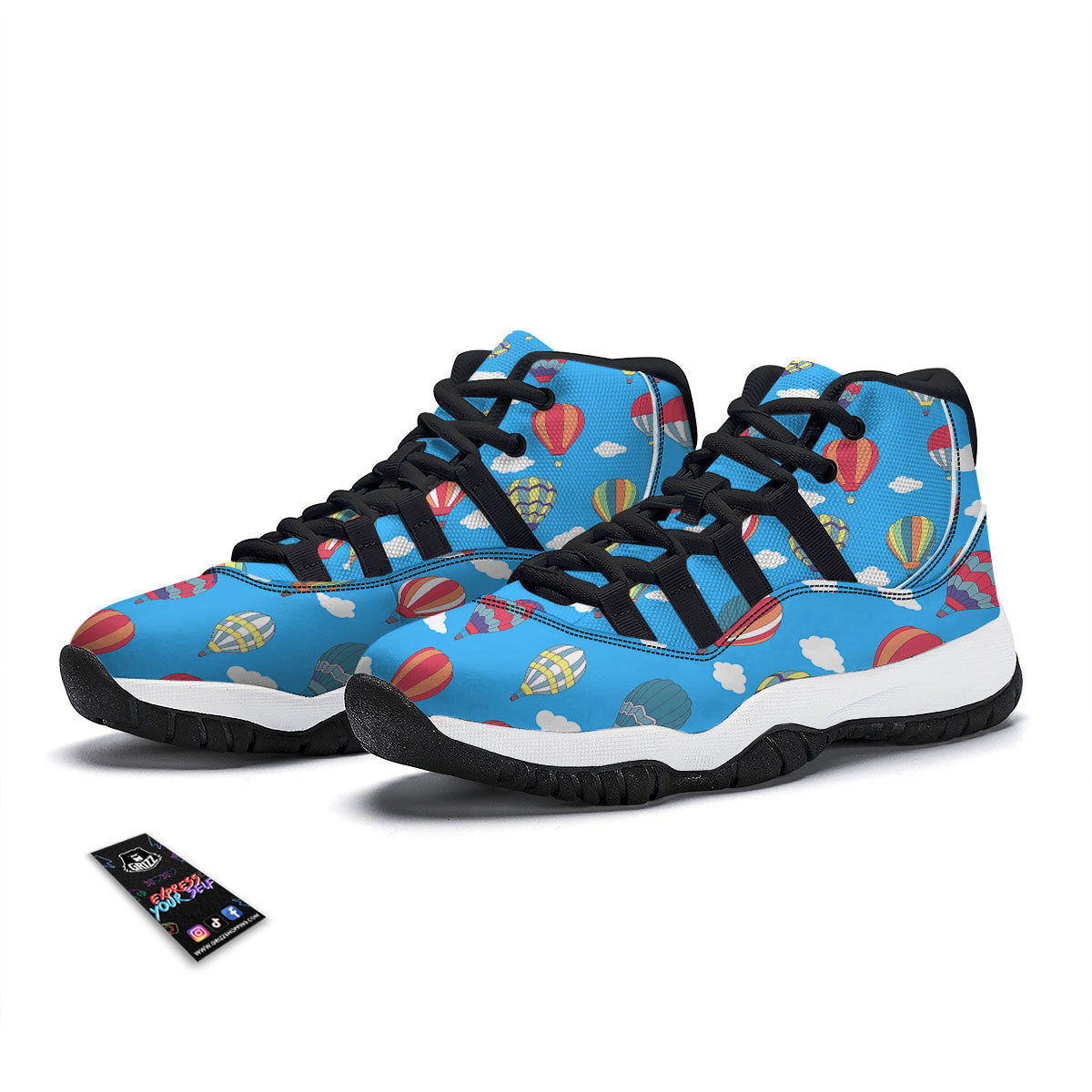 Blue Hot Air Balloon Print Pattern Black Bball Shoes-grizzshop