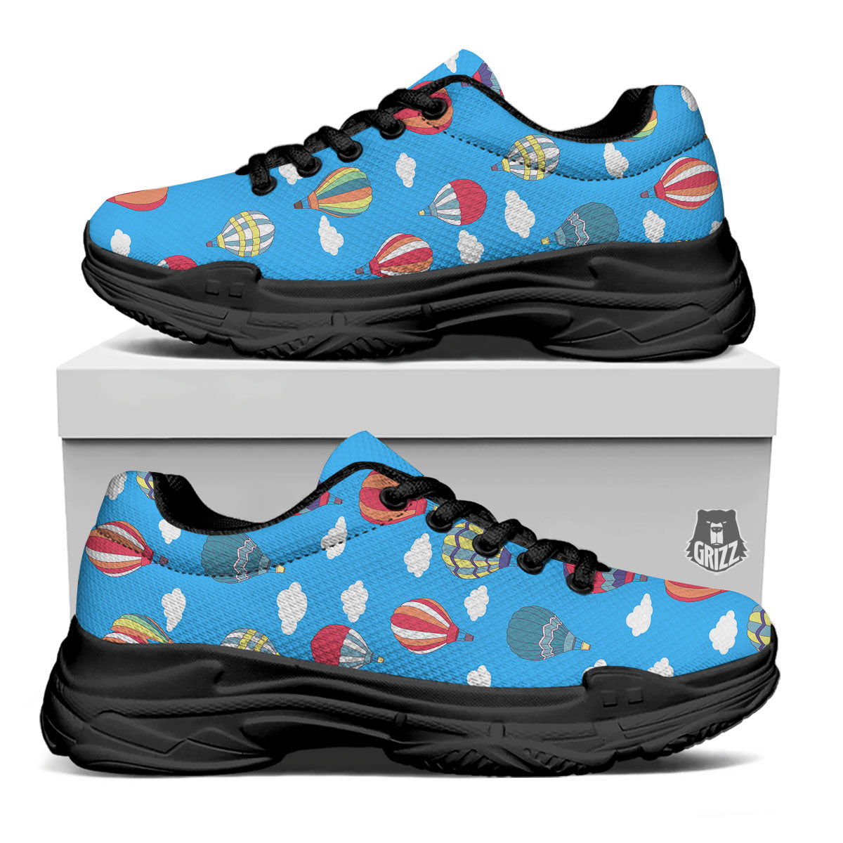 Blue Hot Air Balloon Print Pattern Black Chunky Shoes-grizzshop