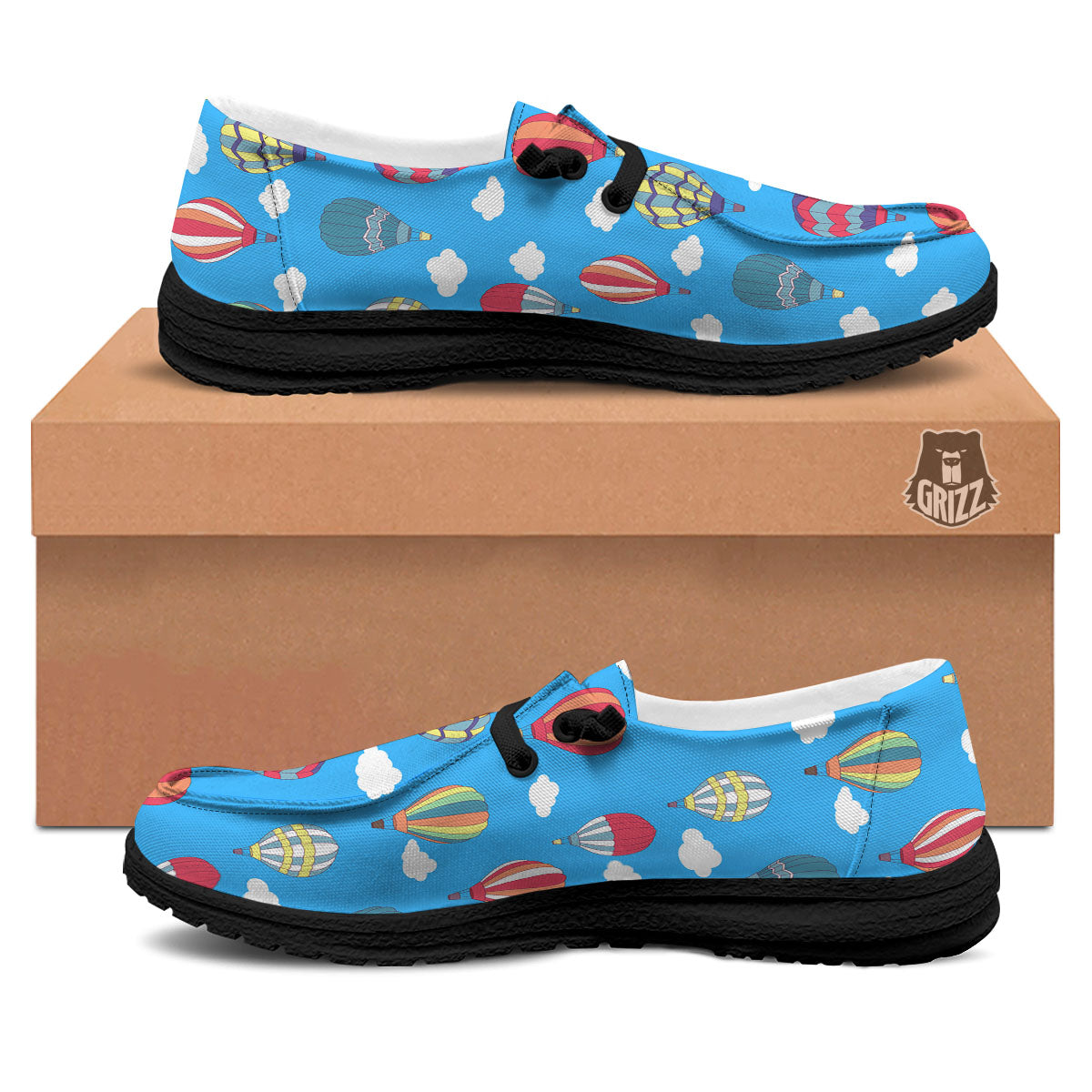 Blue Hot Air Balloon Print Pattern Black Loafers-grizzshop