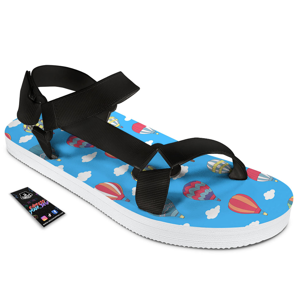 Blue Hot Air Balloon Print Pattern Black Open Toe Sandals-grizzshop