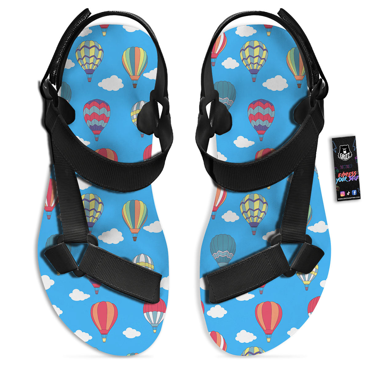 Blue Hot Air Balloon Print Pattern Black Open Toe Sandals-grizzshop