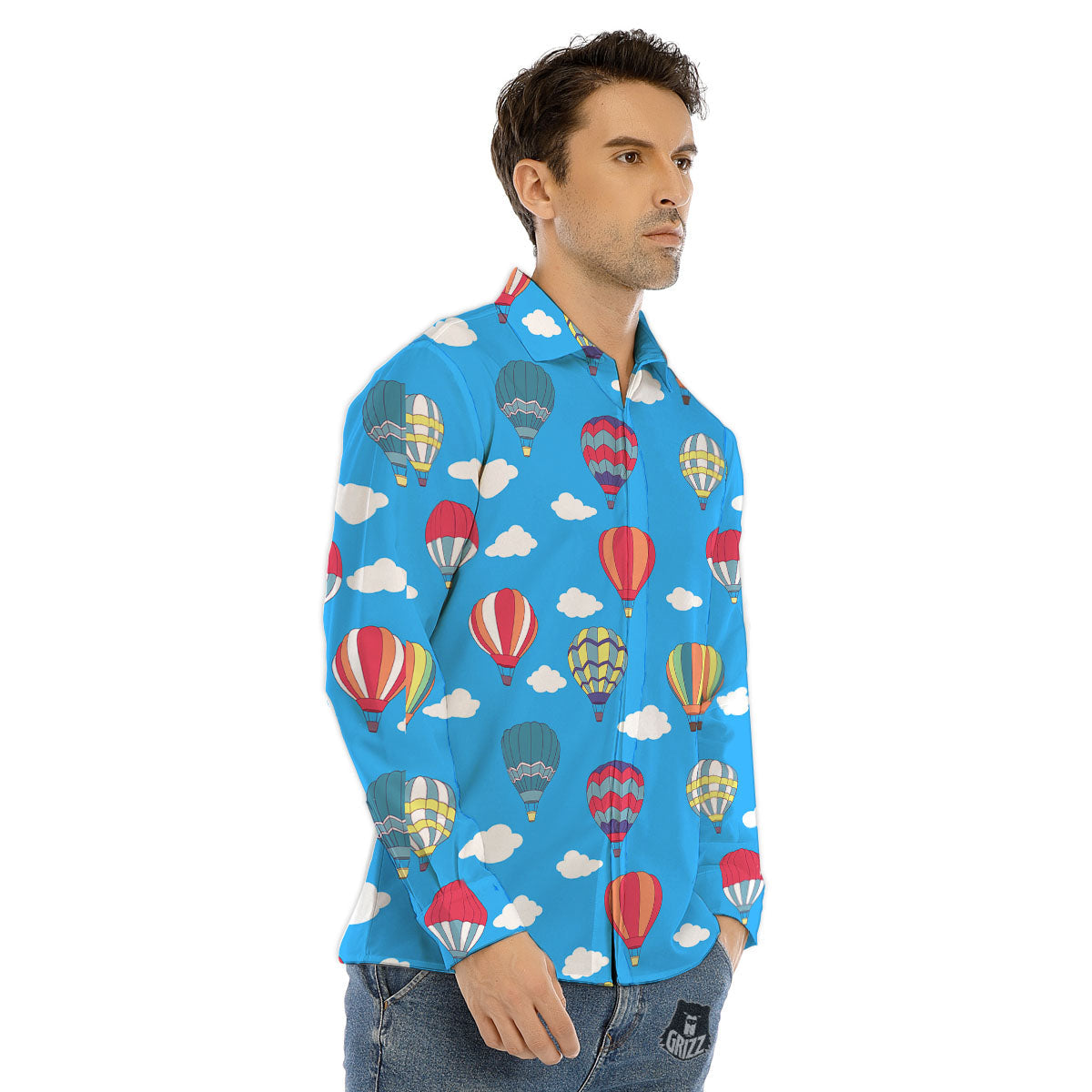 Blue Hot Air Balloon Print Pattern Men's Dress Shirts-grizzshop