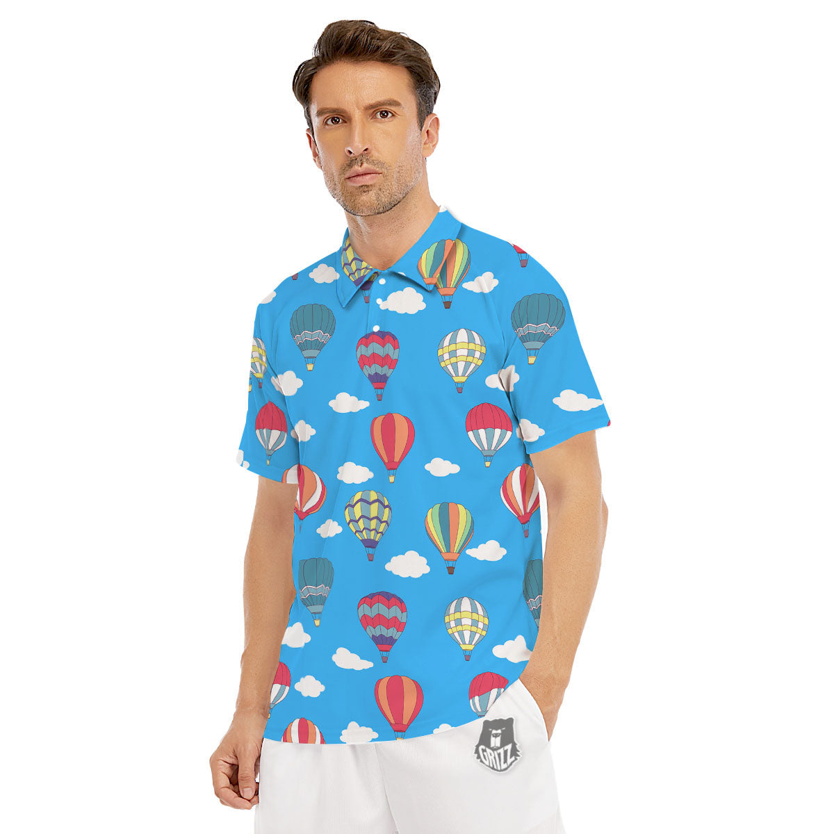 Blue Hot Air Balloon Print Pattern Men's Golf Shirts-grizzshop