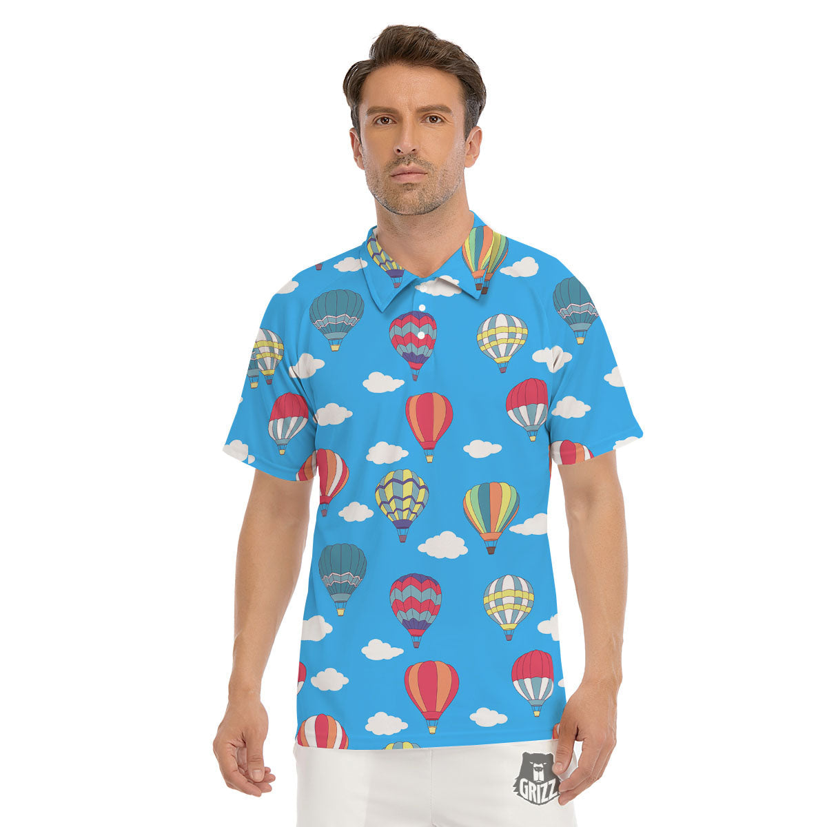 Blue Hot Air Balloon Print Pattern Men's Golf Shirts-grizzshop