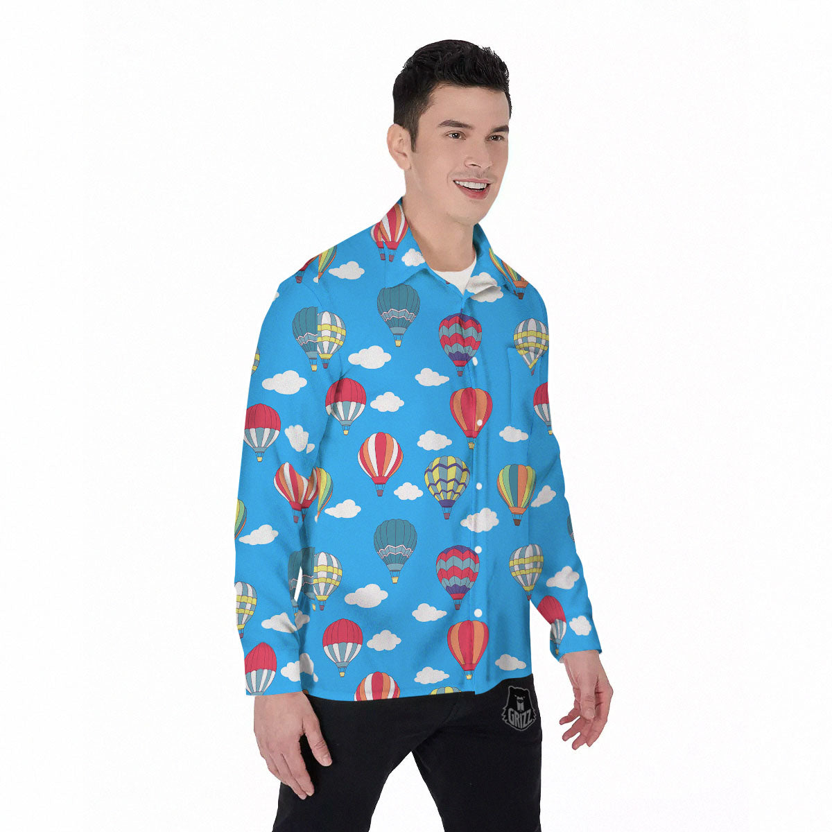 Blue Hot Air Balloon Print Pattern Men's Long Sleeve Shirts-grizzshop