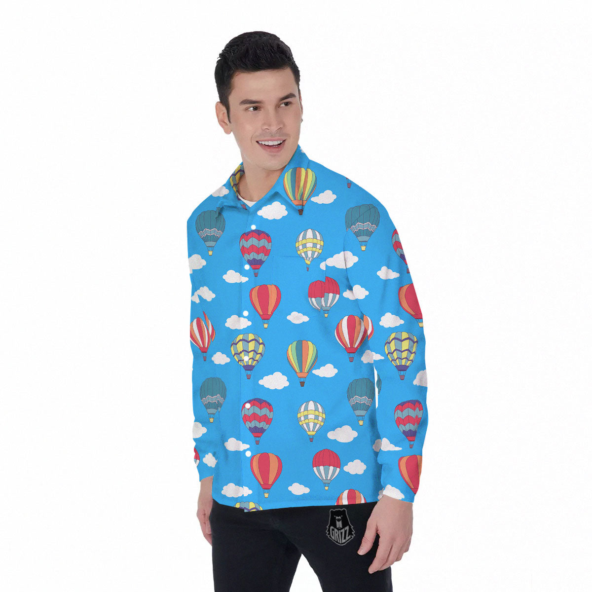 Blue Hot Air Balloon Print Pattern Men's Long Sleeve Shirts-grizzshop