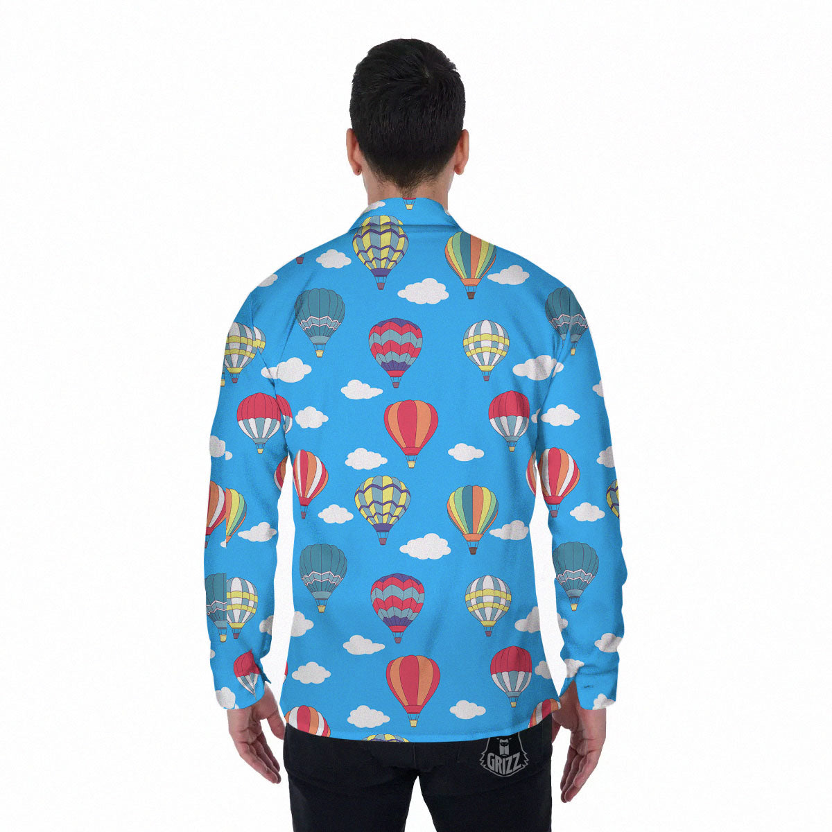Blue Hot Air Balloon Print Pattern Men's Long Sleeve Shirts-grizzshop