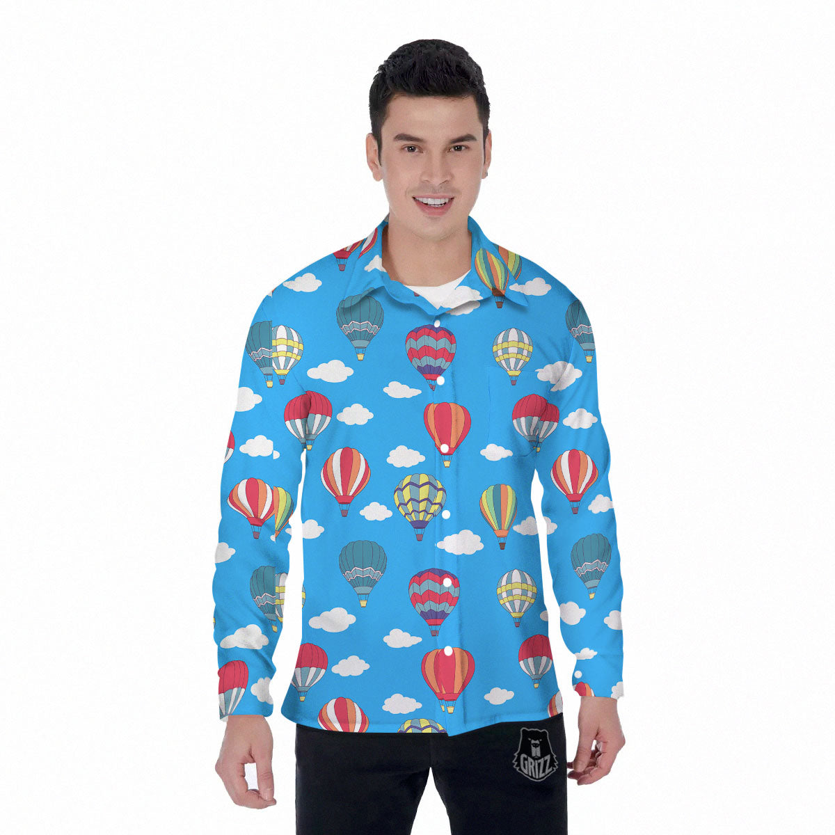 Blue Hot Air Balloon Print Pattern Men's Long Sleeve Shirts-grizzshop
