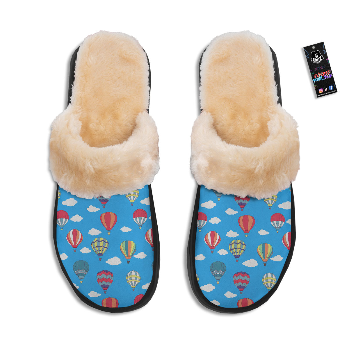 Blue Hot Air Balloon Print Pattern Slippers-grizzshop