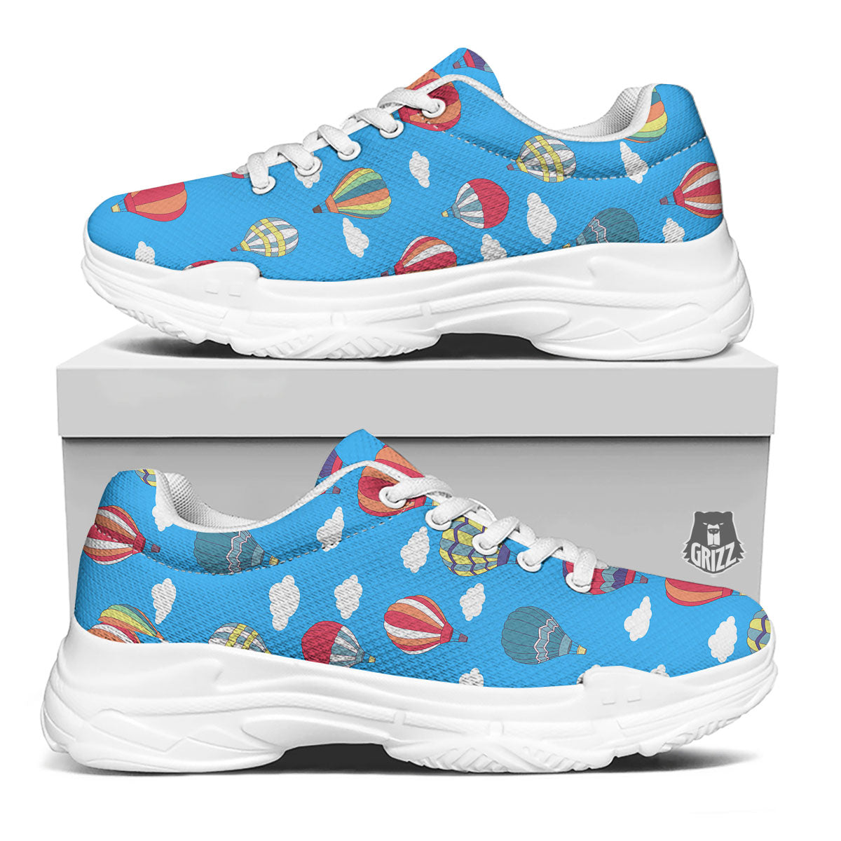 Blue Hot Air Balloon Print Pattern White Chunky Shoes-grizzshop