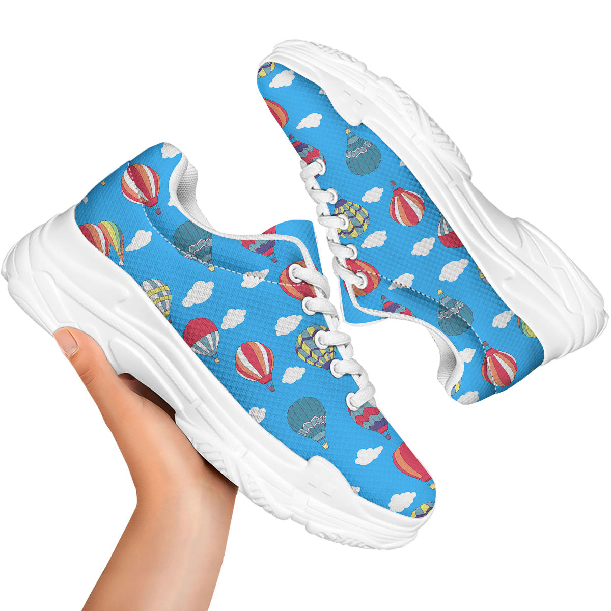 Blue Hot Air Balloon Print Pattern White Chunky Shoes-grizzshop
