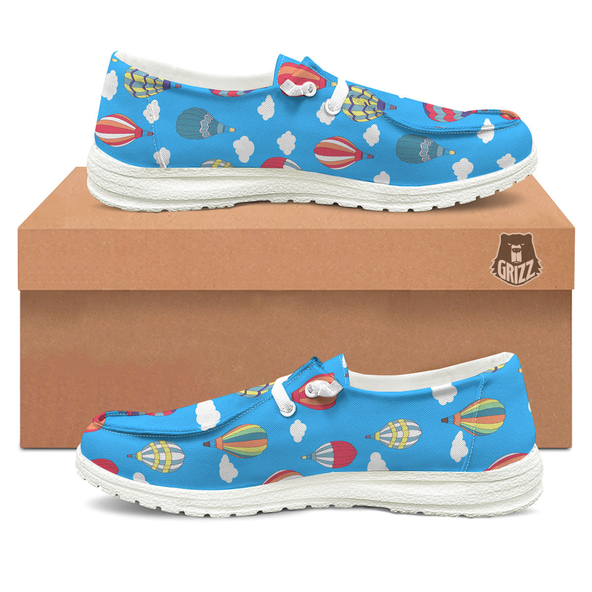 Blue Hot Air Balloon Print Pattern White Loafers-grizzshop