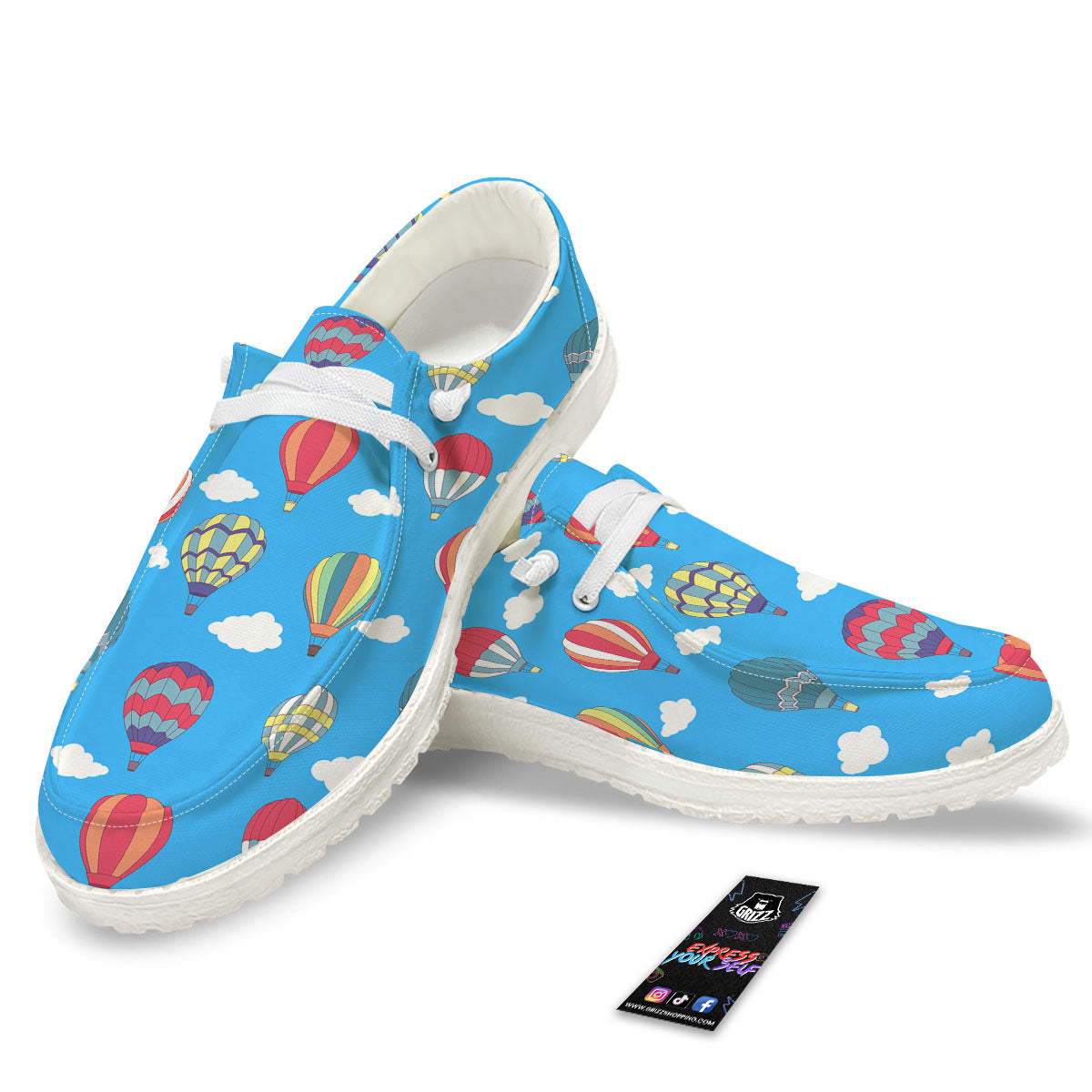 Blue Hot Air Balloon Print Pattern White Loafers-grizzshop