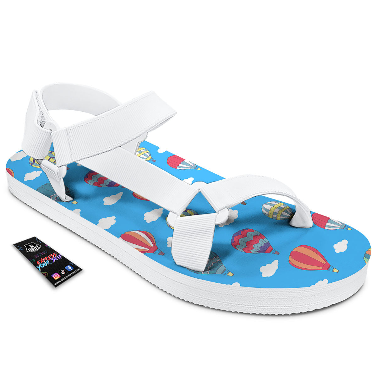 Blue Hot Air Balloon Print Pattern White Open Toe Sandals-grizzshop