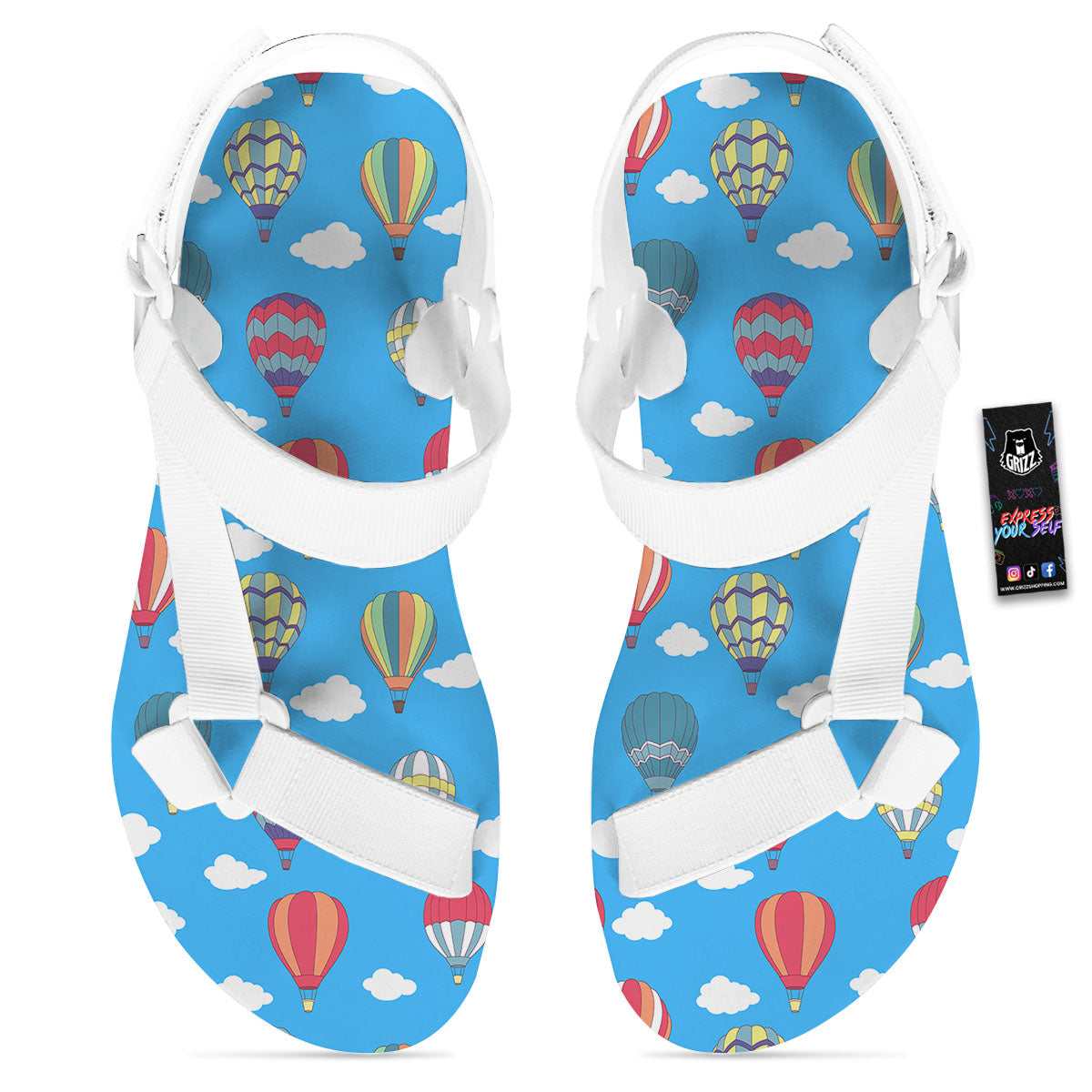 Blue Hot Air Balloon Print Pattern White Open Toe Sandals-grizzshop