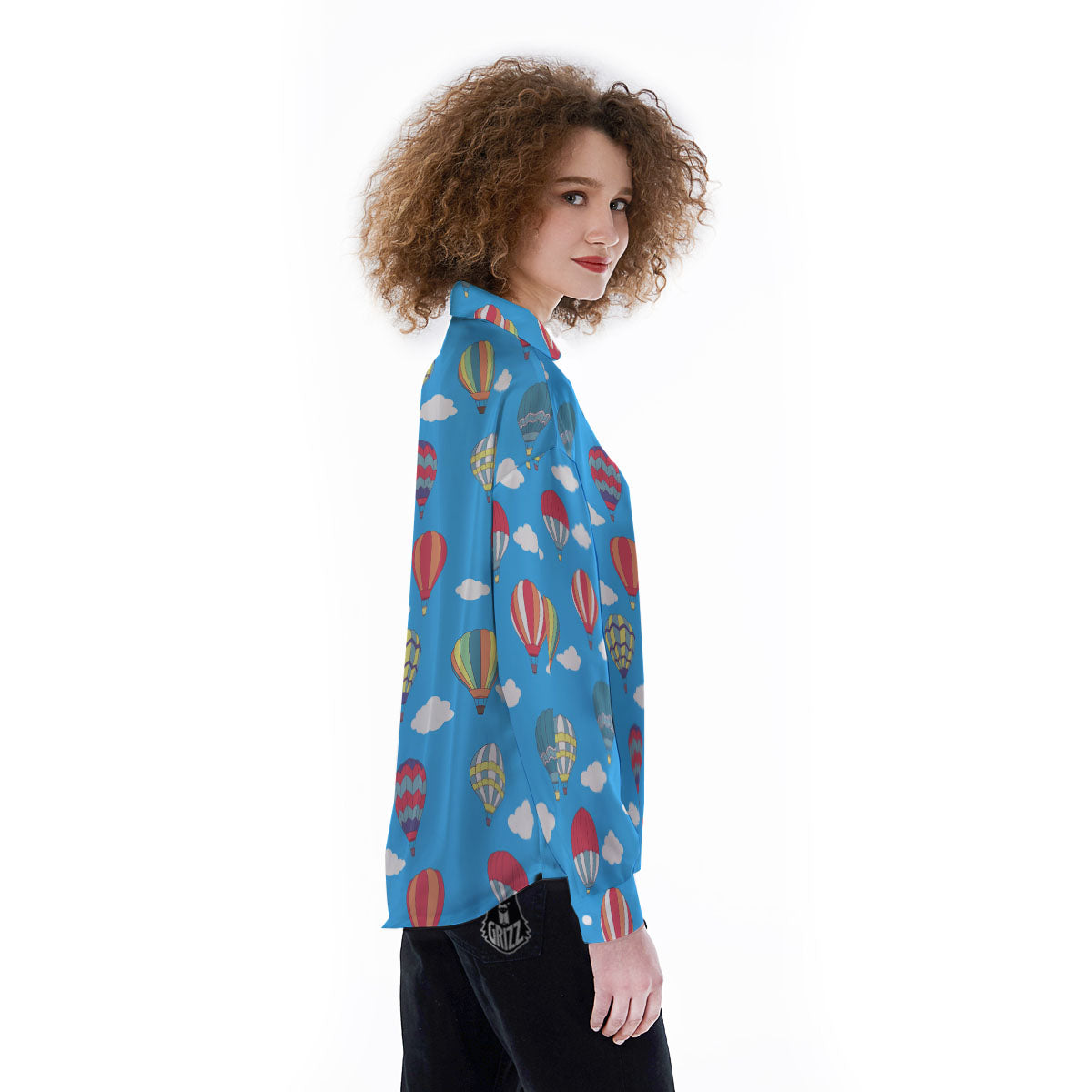 Blue Hot Air Balloon Print Pattern Women's Long Sleeve Shirts-grizzshop