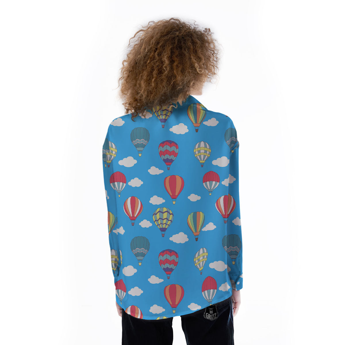 Blue Hot Air Balloon Print Pattern Women's Long Sleeve Shirts-grizzshop