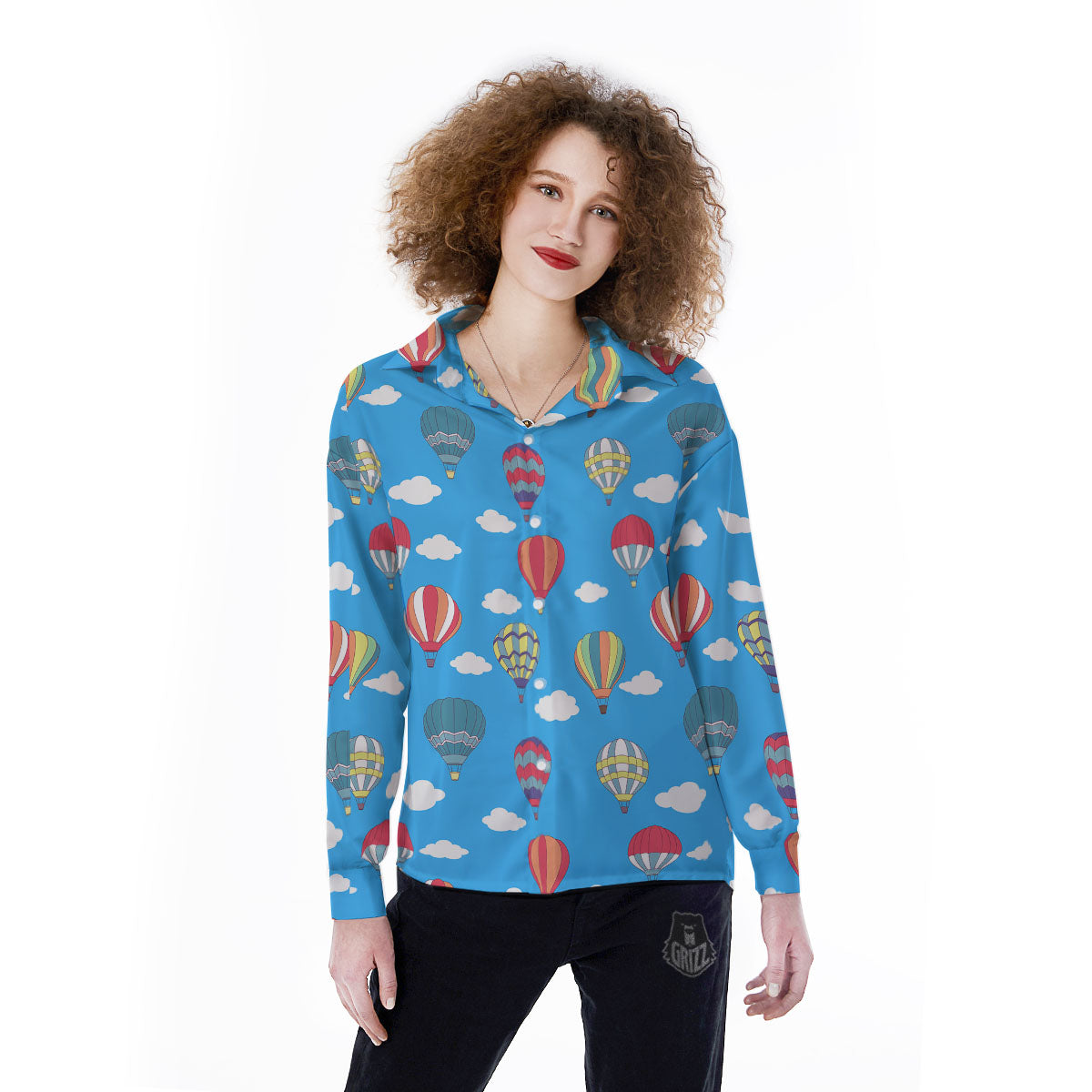 Blue Hot Air Balloon Print Pattern Women's Long Sleeve Shirts-grizzshop