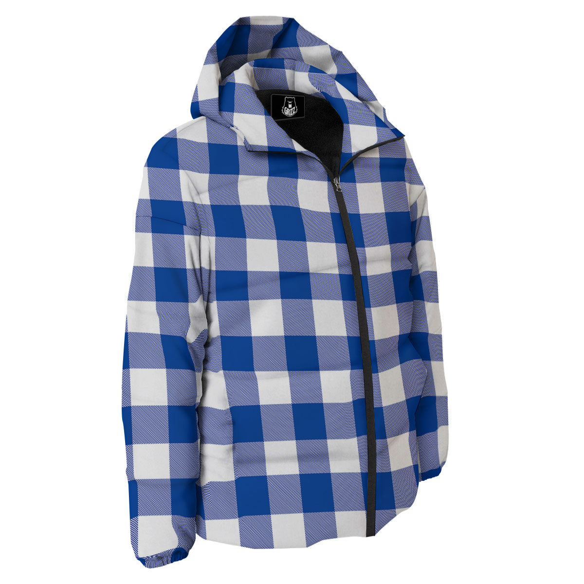 Blue Indigo And White Gingham Print Down Jacket-grizzshop