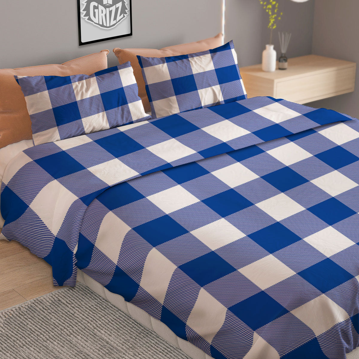 Blue Indigo And White Gingham Print Duvet Cover Bedding Set