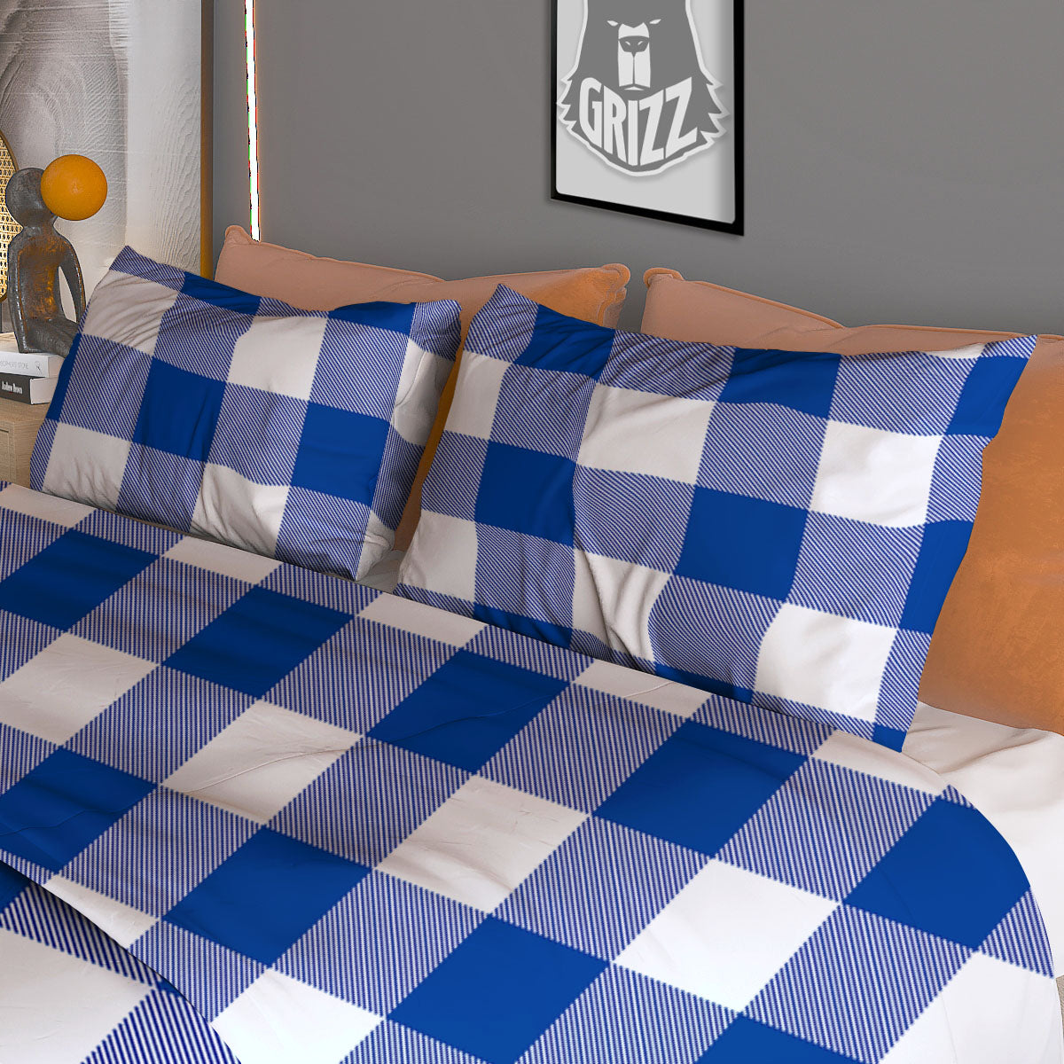 Blue Indigo And White Gingham Print Duvet Cover Bedding Set