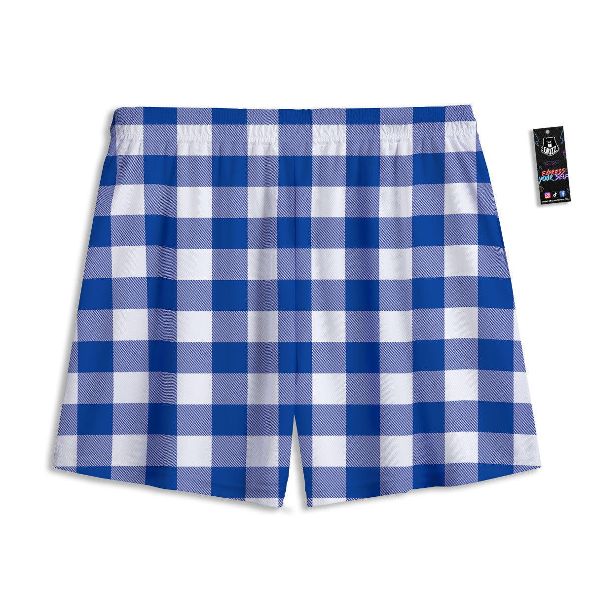 Blue Indigo And White Gingham Print Mesh Shorts