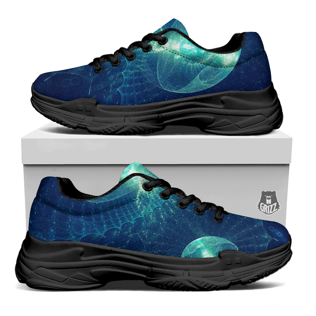 Blue Jellyfish On Deep Sea Print Black Chunky Shoes-grizzshop