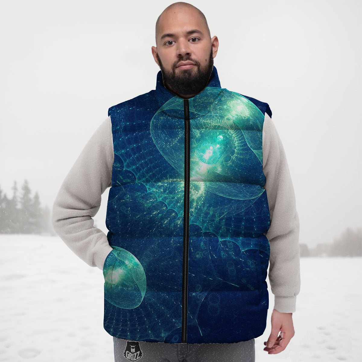 Blue Jellyfish On Deep Sea Print Down Vest