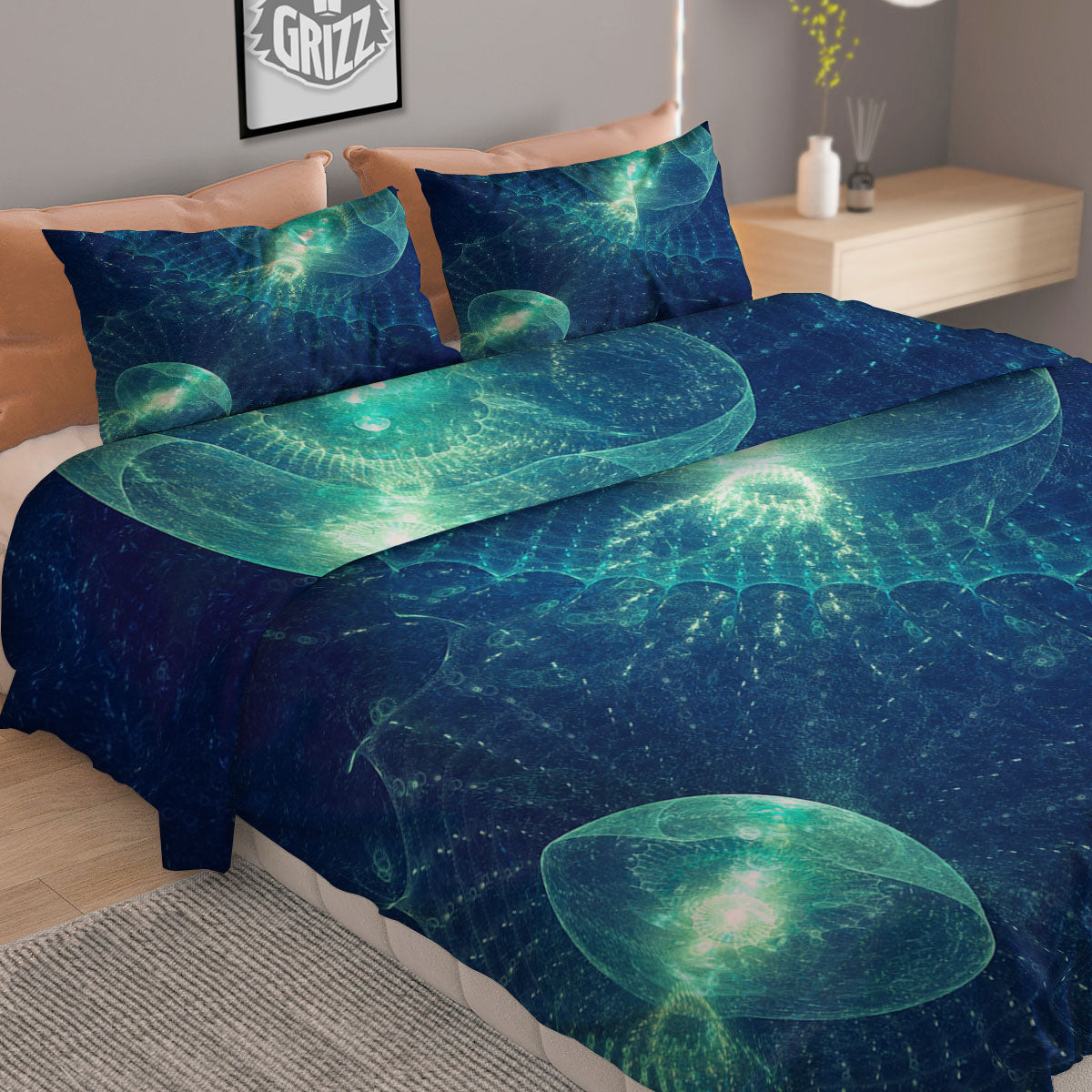 Blue Jellyfish On Deep Sea Print Duvet Cover Bedding Set