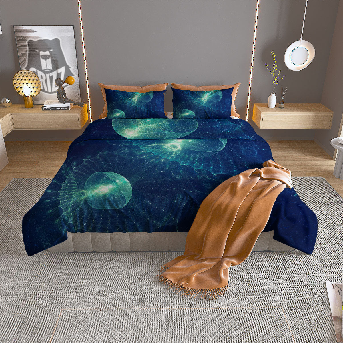 Blue Jellyfish On Deep Sea Print Duvet Cover Bedding Set