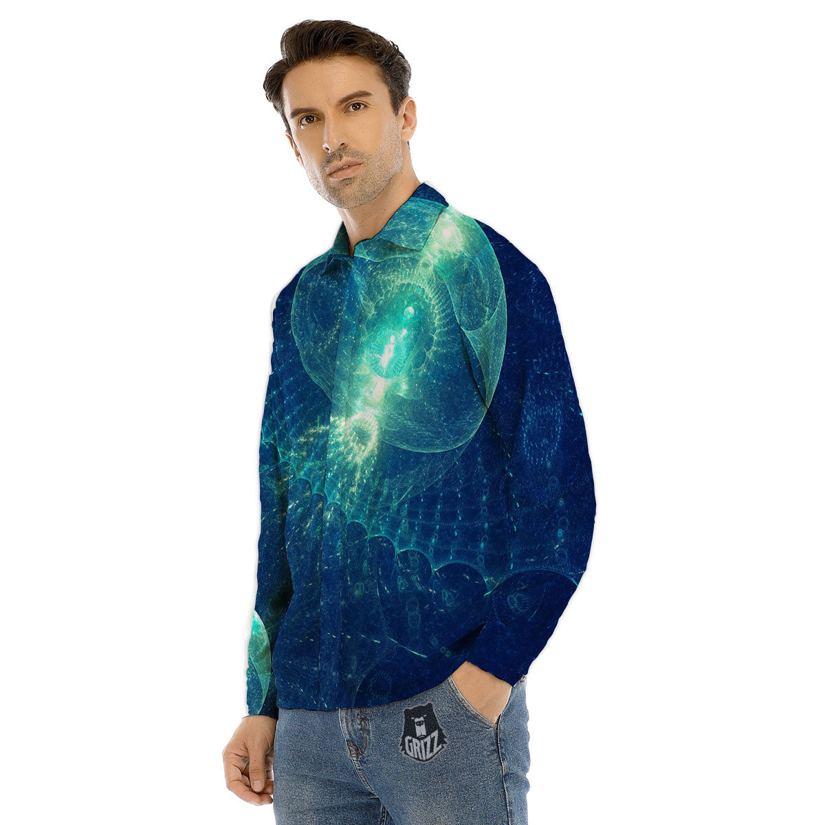 Blue Jellyfish On Deep Sea Print Men's Dress Shirts-grizzshop