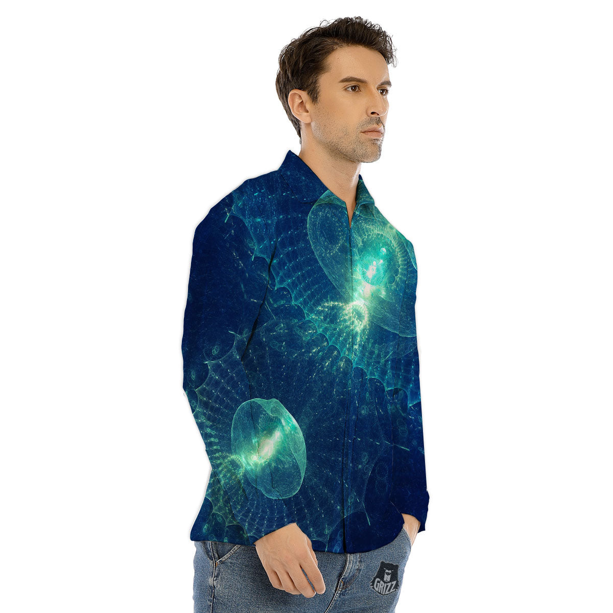 Blue Jellyfish On Deep Sea Print Men's Dress Shirts-grizzshop
