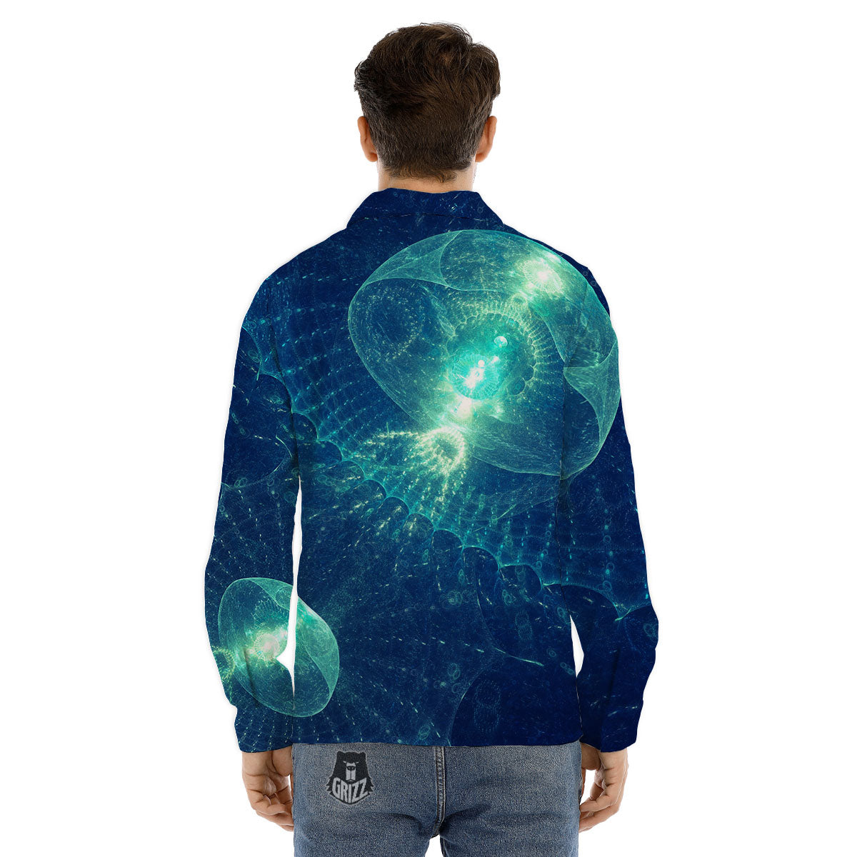 Blue Jellyfish On Deep Sea Print Men's Dress Shirts-grizzshop