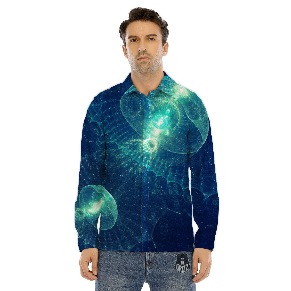 Blue Jellyfish On Deep Sea Print Men's Dress Shirts-grizzshop