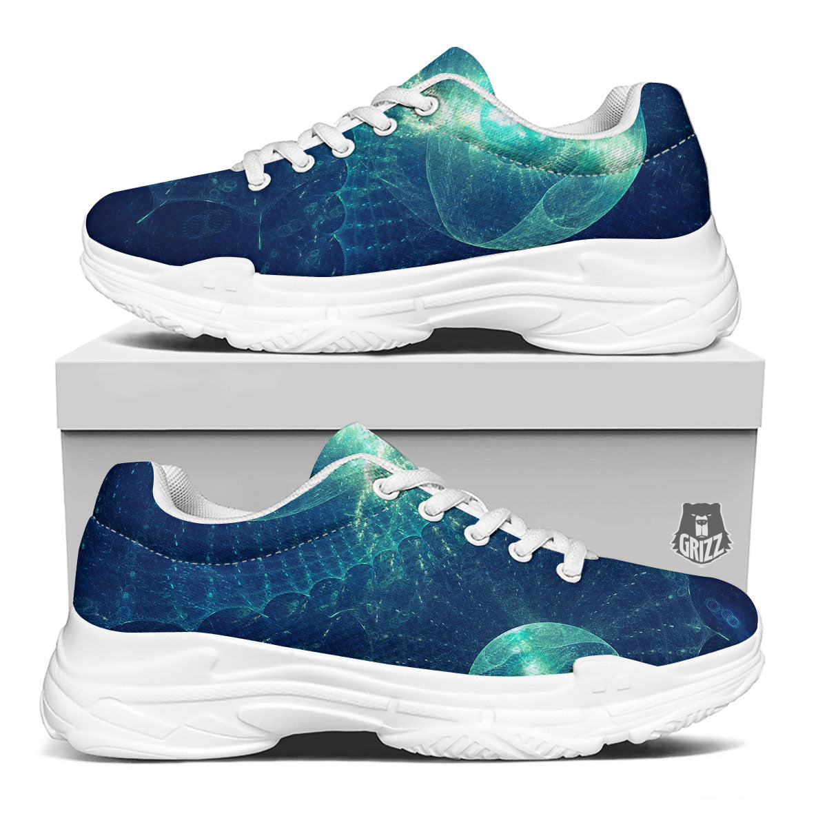 Blue Jellyfish On Deep Sea Print White Chunky Shoes-grizzshop