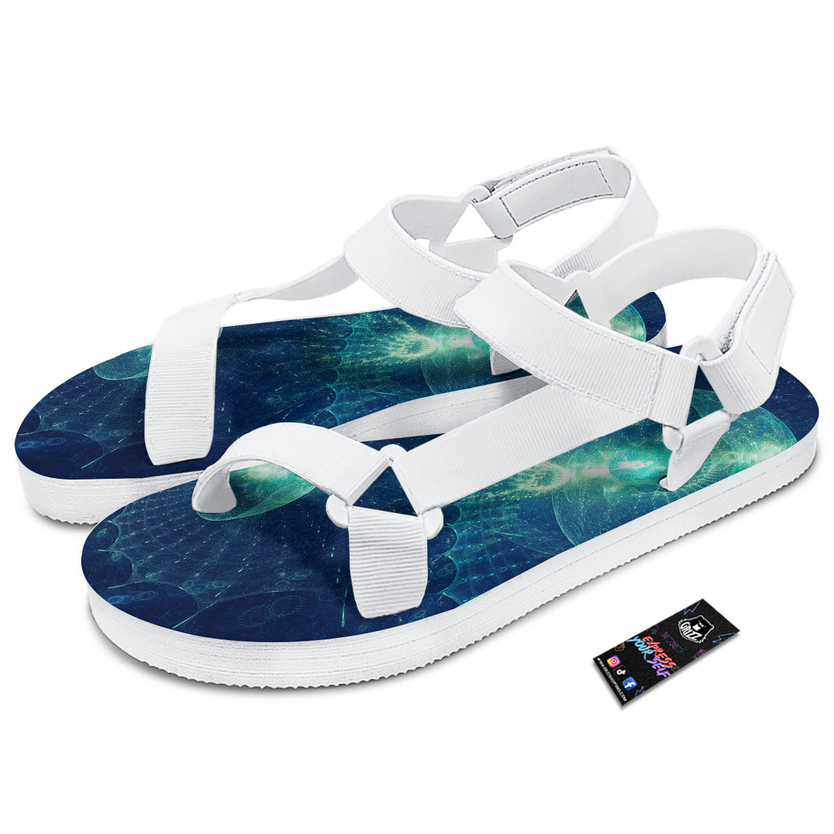 Blue Jellyfish On Deep Sea Print White Open Toe Sandals-grizzshop