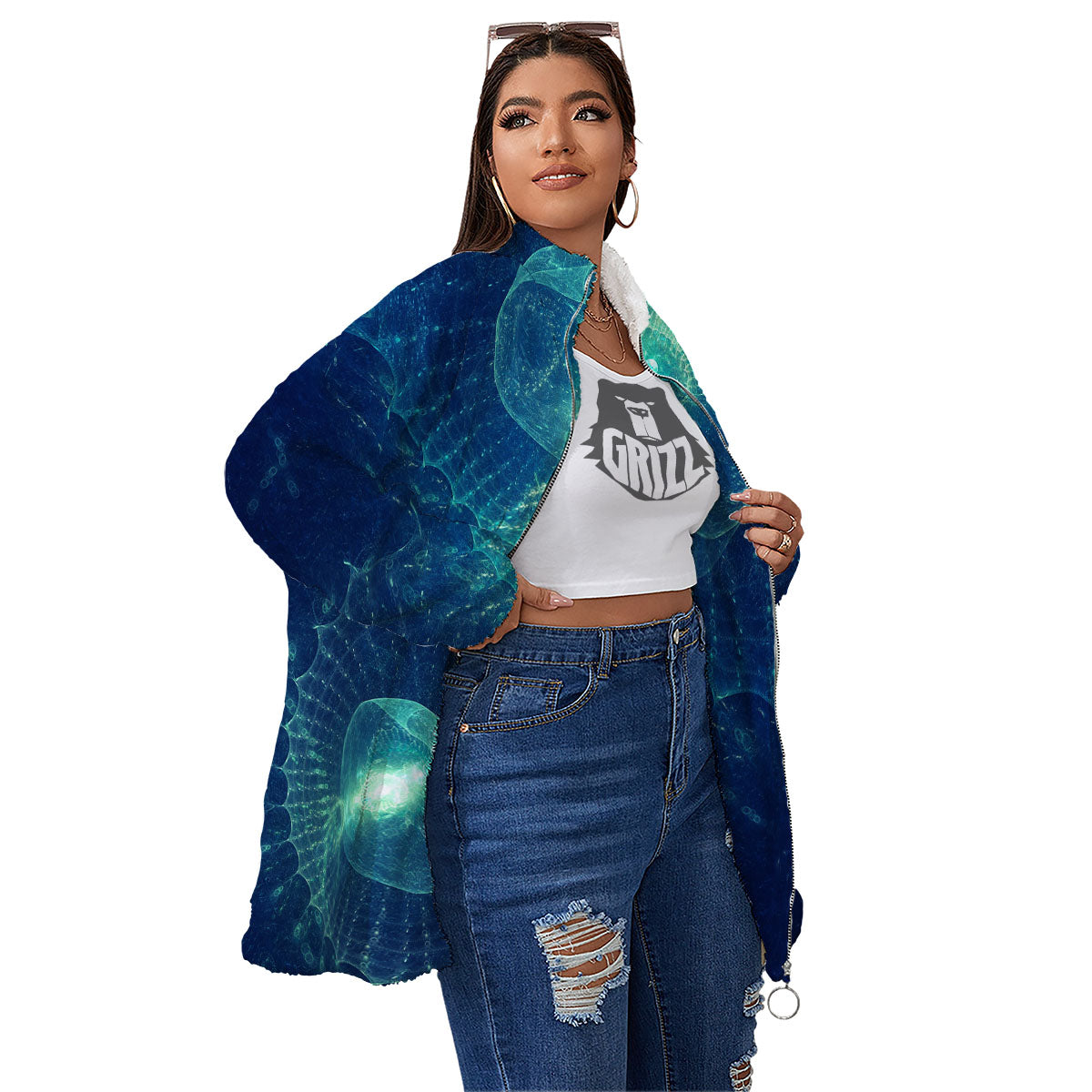 Blue Jellyfish On Deep Sea Print Women's Sherpa Jacket-grizzshop