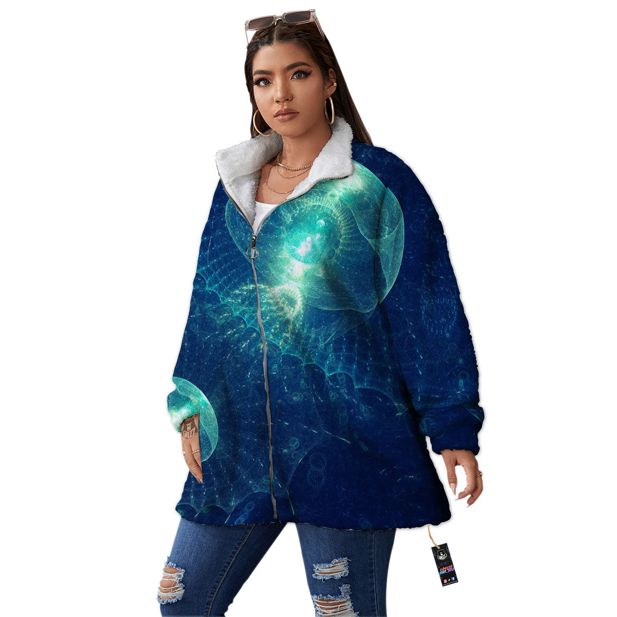 Blue Jellyfish On Deep Sea Print Women's Sherpa Jacket-grizzshop
